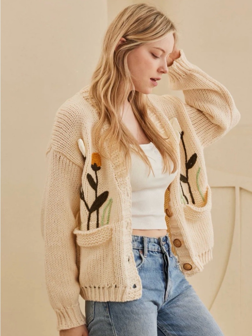 Mello Cream Floral Crochet Open Cardigan